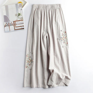 Cotton and Linen Embroidered Wide-leg Pants