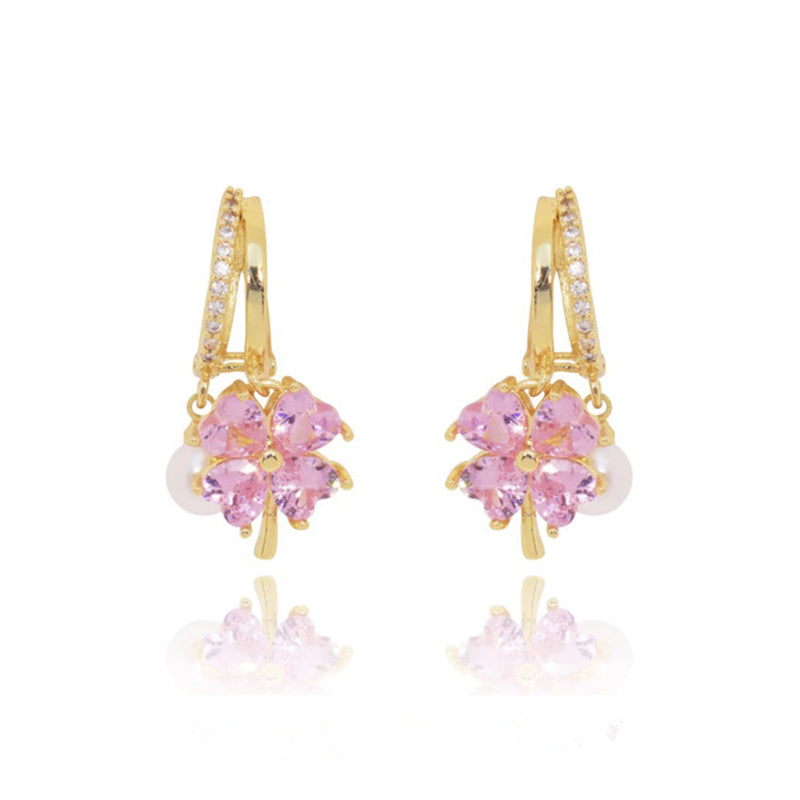 Fashion Crystal Four-leaf Flower Pearl Earrings