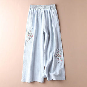 Cotton and Linen Embroidered Wide-leg Pants