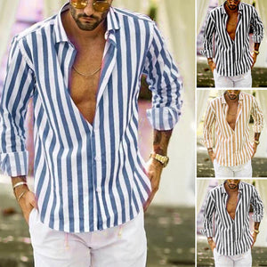 Men's Cotton Linen Striped Button Down Long Sleeve